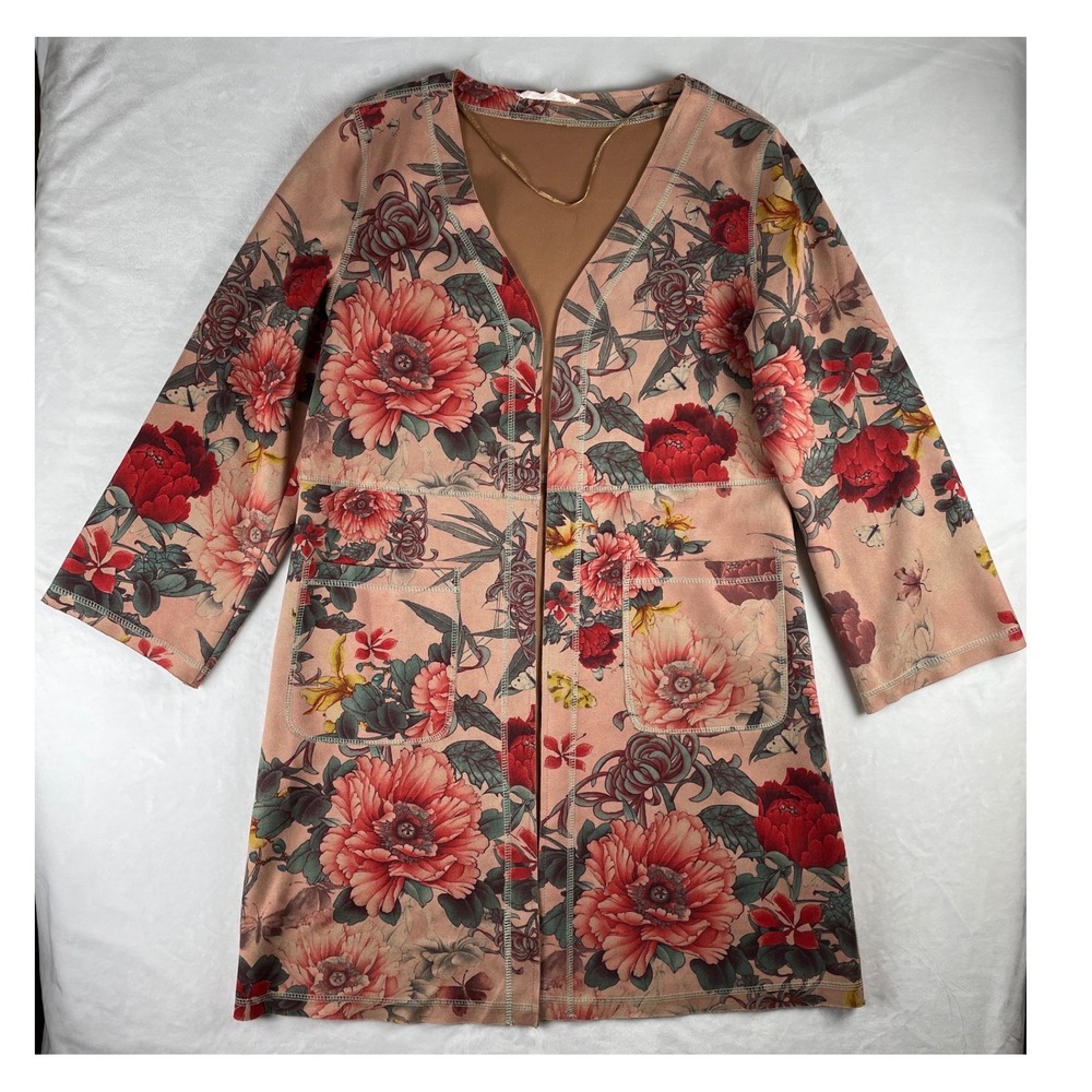 Anthropologie‎ X Solitaire Floral Kimono Duster Faux Suede Cardigan Boho Small